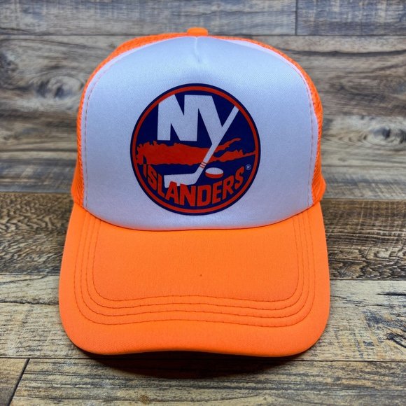 New York Islanders Mens Trucker Hat Orange Snapback Retro Logo Hockey Ball Cap - Picture 2 of 8
